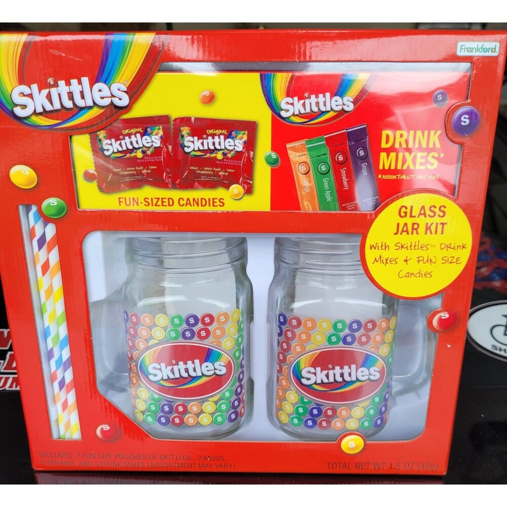 Skittles Set of 2 Glass Jars with Straws and Drink Mix Kit